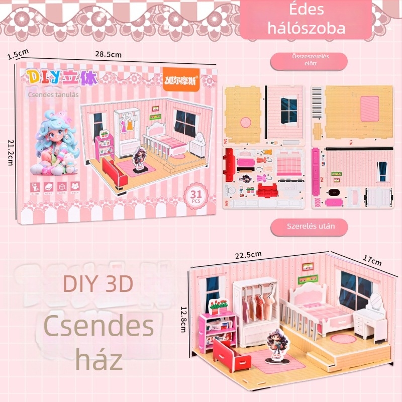 No-Cut 3D Quiet Book DIY Puzzle — Ház összerakása, papír panelek; Anyag: papír; Korcsoport: 4–6 év; Jelenetek: hálószoba, nappali, konyha, fürdőszoba