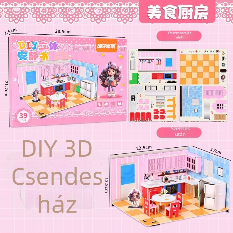 No-Cut 3D Quiet Book DIY Puzzle — Ház összerakása, papír panelek; Anyag: papír; Korcsoport: 4–6 év; Jelenetek: hálószoba, nappali, konyha, fürdőszoba