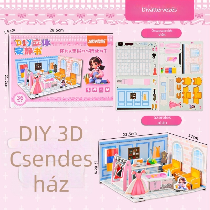 No-Cut 3D Quiet Book DIY Puzzle — Ház összerakása, papír panelek; Anyag: papír; Korcsoport: 4–6 év; Jelenetek: hálószoba, nappali, konyha, fürdőszoba