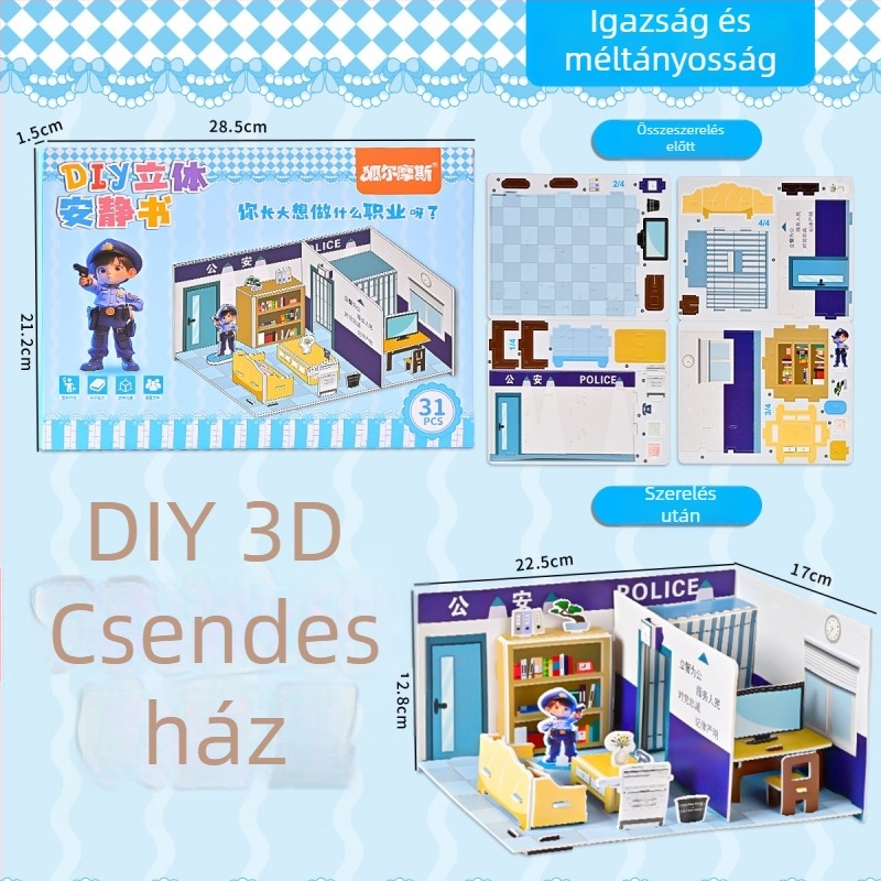 No-Cut 3D Quiet Book DIY Puzzle — Ház összerakása, papír panelek; Anyag: papír; Korcsoport: 4–6 év; Jelenetek: hálószoba, nappali, konyha, fürdőszoba