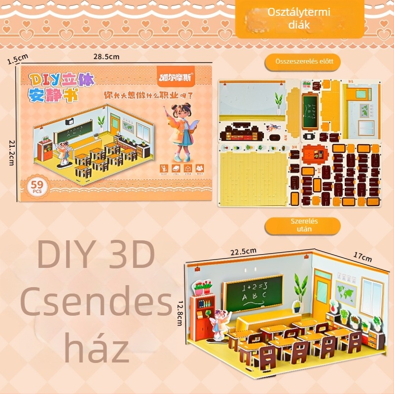 No-Cut 3D Quiet Book DIY Puzzle — Ház összerakása, papír panelek; Anyag: papír; Korcsoport: 4–6 év; Jelenetek: hálószoba, nappali, konyha, fürdőszoba