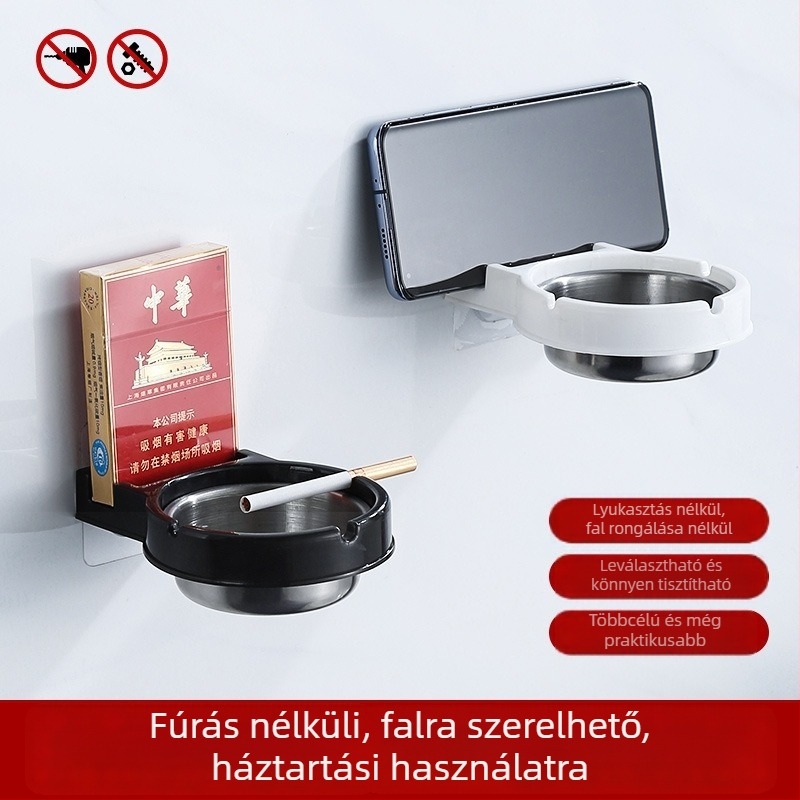 Fali szerelhető rozsdamentes acél hamutartó, anti-szóródó hamu dizájn, tároló funkció, szerszám nélküli szerelés