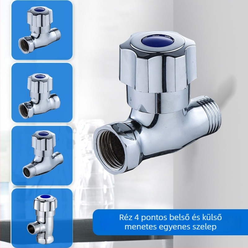 Réz háromutas szelep, menetes csatlakozás, modell 4-pontos egyenes szelep, működő nyomás 1 MPa, csaphoz