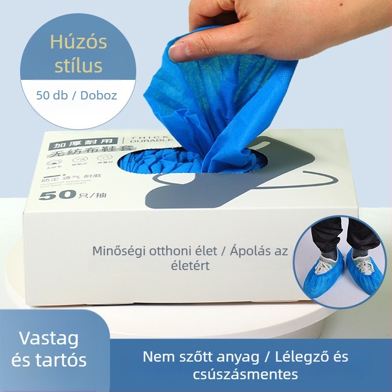 Egyszer használatos cipővédők, falra szerelt adagolóval, textil anyag, csúszásmentes, 4 g vastagság, testreszabott mintával és nyomtatott logóval, 50 db dobozonként