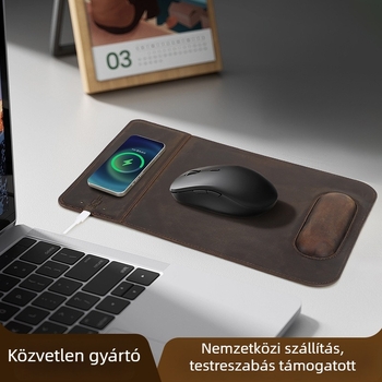Valódi bőr csuklós egérpad, 15W mágneses vezeték nélküli töltéssel, ergonomikus támasz, vízálló, tartóval — Anyag: cortex; Feldolgozás: varrás; OEM