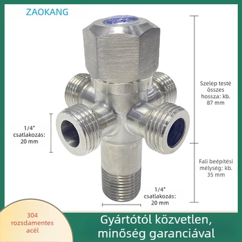 304 rozsdamentes acélból készült szögletes szelep egy bemenetű és két kimenetű, Ø15 mm belső átmérő, szorító rögzítéshez, vízmelegítő és mosógép csaphoz