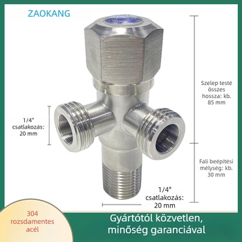304 rozsdamentes acélból készült szögletes szelep egy bemenetű és két kimenetű, Ø15 mm belső átmérő, szorító rögzítéshez, vízmelegítő és mosógép csaphoz