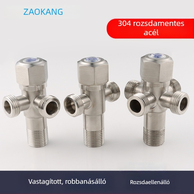 304 rozsdamentes acélból készült szögletes szelep egy bemenetű és két kimenetű, Ø15 mm belső átmérő, szorító rögzítéshez, vízmelegítő és mosógép csaphoz