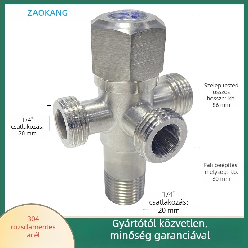 304 rozsdamentes acélból készült szögletes szelep egy bemenetű és két kimenetű, Ø15 mm belső átmérő, szorító rögzítéshez, vízmelegítő és mosógép csaphoz