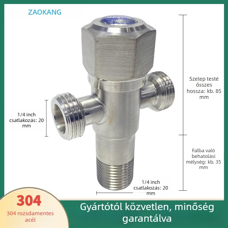 304 rozsdamentes acélból készült szögletes szelep egy bemenetű és két kimenetű, Ø15 mm belső átmérő, szorító rögzítéshez, vízmelegítő és mosógép csaphoz
