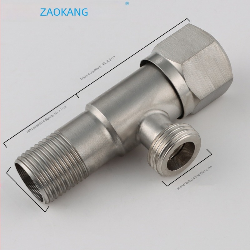 304 rozsdamentes acélból készült szögletes szelep egy bemenetű és két kimenetű, Ø15 mm belső átmérő, szorító rögzítéshez, vízmelegítő és mosógép csaphoz