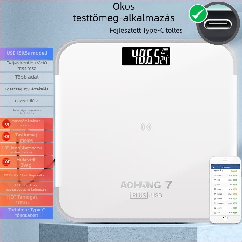 Testzsír-mérleg, újratölthető elektromos mérleg háztartási használatra (kapacitás 180 kg, csomagolás 10 db, Beautiful márka, magáncímke lehetőség)