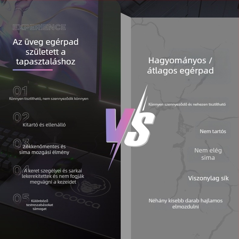 Játék egérpad teljesen edzett üvegből, egyoldalas, csuklótámasz, csúszásmentes, OEM testreszabható