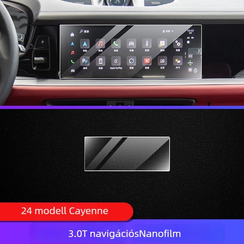 TPU belső védőfilm Porsche Cayenne-hez — műszerfal és navigációs kijelző, központi kijelző és váltókar — egységes formázás, hőmérséklet-tűrés, karcolás- és kopásálló, ujjlenyomat- és olajfolt-ellenálló