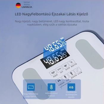 Oufanda Bluetooth testsúlymérő testzsír- és víz méréssel, 0,2–180 kg, edzett üveg, felnőtteknek