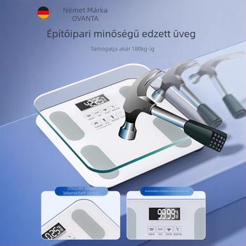 Oufanda Bluetooth testsúlymérő testzsír- és víz méréssel, 0,2–180 kg, edzett üveg, felnőtteknek