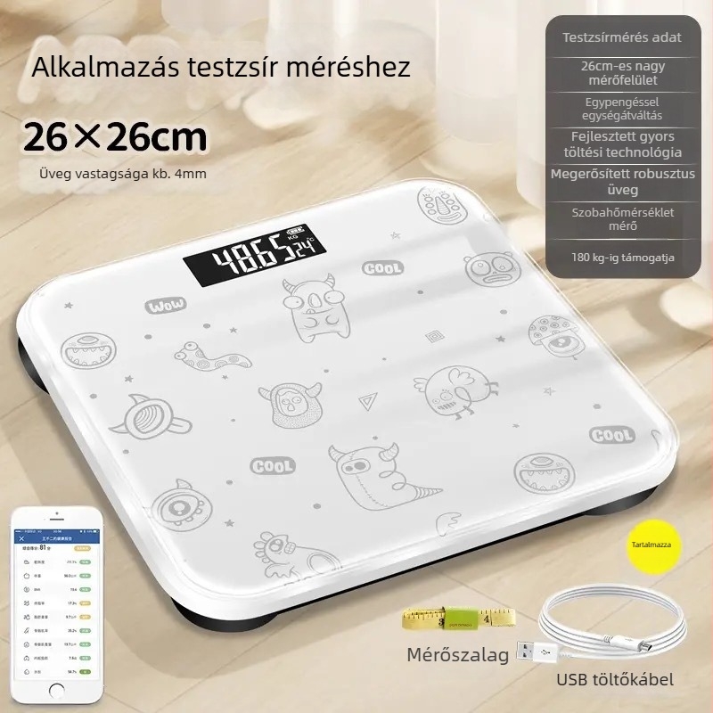 Bluetooth testzsír mérő mérleg – rajzfilmszerű dizájn, otthoni használatra, max. 180 kg, Beautiful Márka