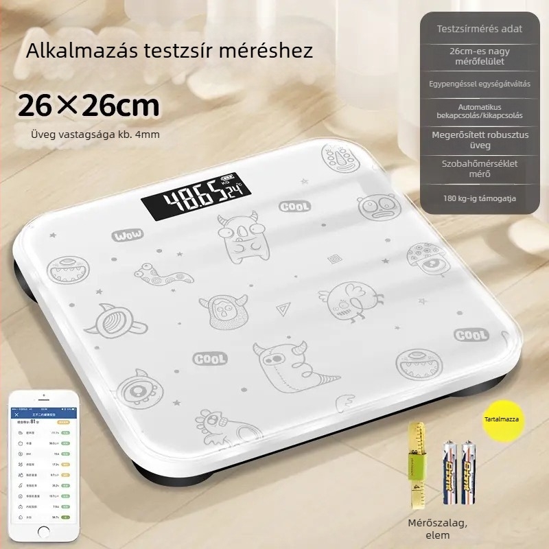 Bluetooth testzsír mérő mérleg – rajzfilmszerű dizájn, otthoni használatra, max. 180 kg, Beautiful Márka