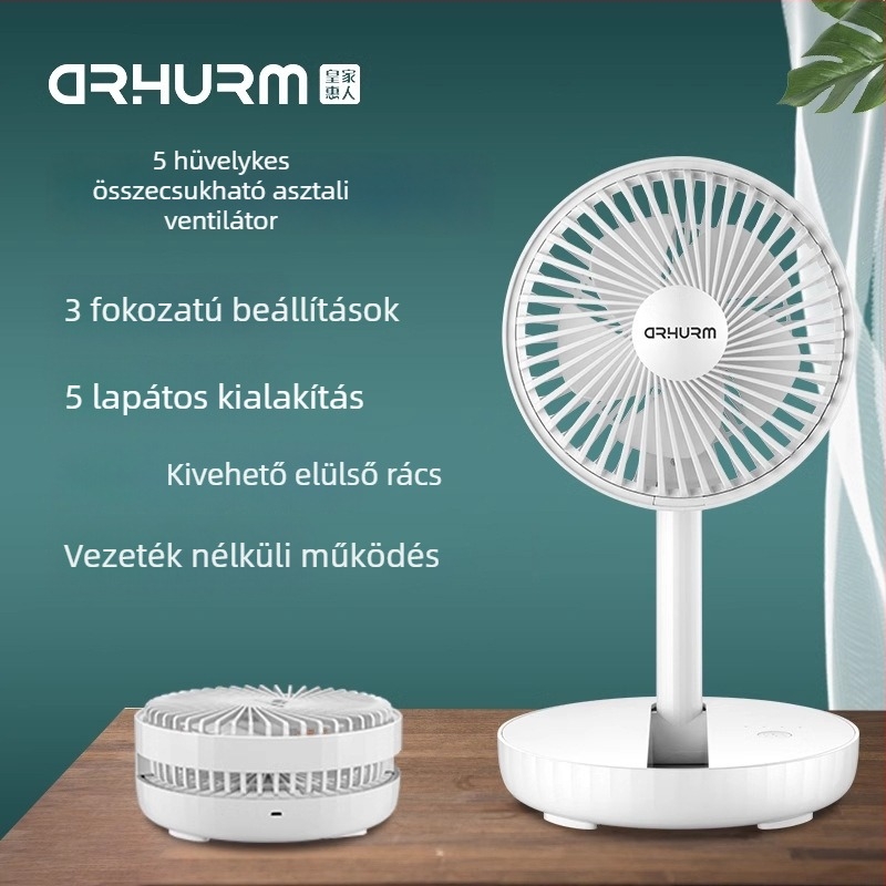 Hordozható USB-asztali ventilátor beépített akkumulátorral, 5 lapát, 3 fokozat