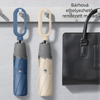 8-ágú, 3-szögben összecsukható esernyő, gyűrűs zár, vinil borítású textil, UPF50+ napvédelmi, kettős használat esőre és napsütésre, logónyomás elérhető