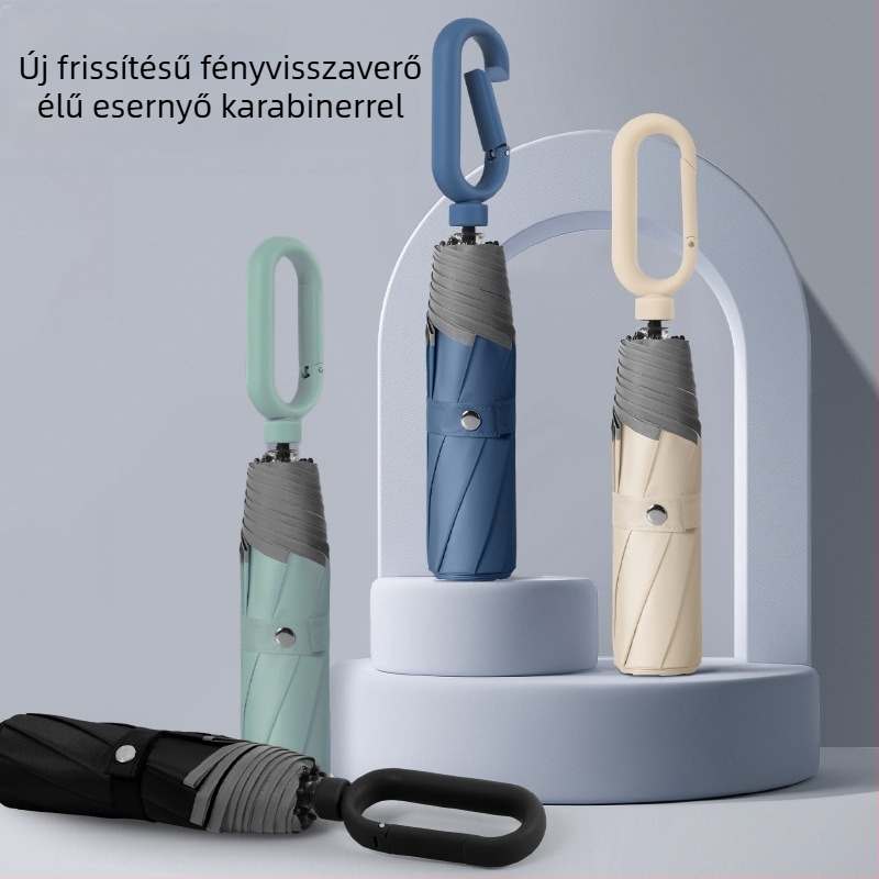 8-ágú, 3-szögben összecsukható esernyő, gyűrűs zár, vinil borítású textil, UPF50+ napvédelmi, kettős használat esőre és napsütésre, logónyomás elérhető