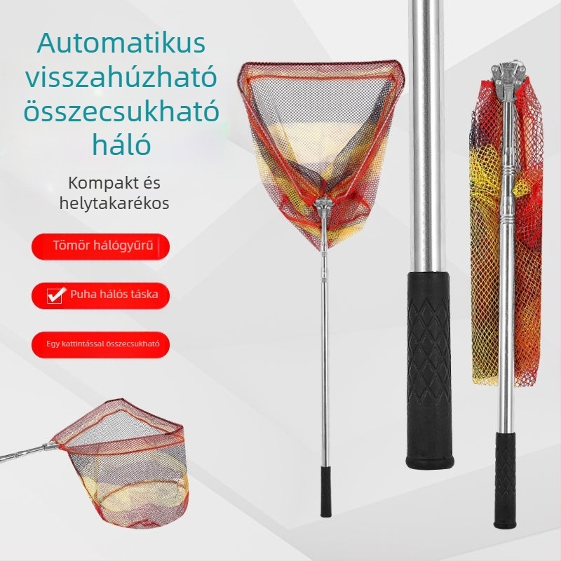 Összecsukható teleszkópos hálónyél rozsdamentes acélból integrált háromszög alakú hálóval – halászati készlet