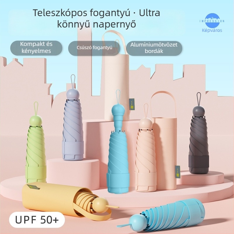 Ultra-light összecsukható esernyő üvegszálas merevítőkkel, ABS fogantyúval, vinil bevonatú szövet, manuális nyitás és zárás, UV 50+ védelem