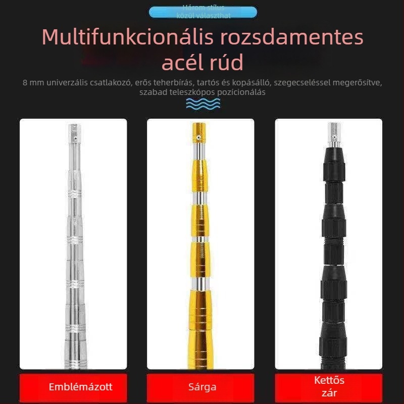Rozsdamentes acél forgó fejű hálózati rúd, kibővíthető, halászathoz és gyümölcsszedéshez — anyag: rozsdamentes acél; tömeg: 1; csomópontok: 5–10; kibővíthető: igen