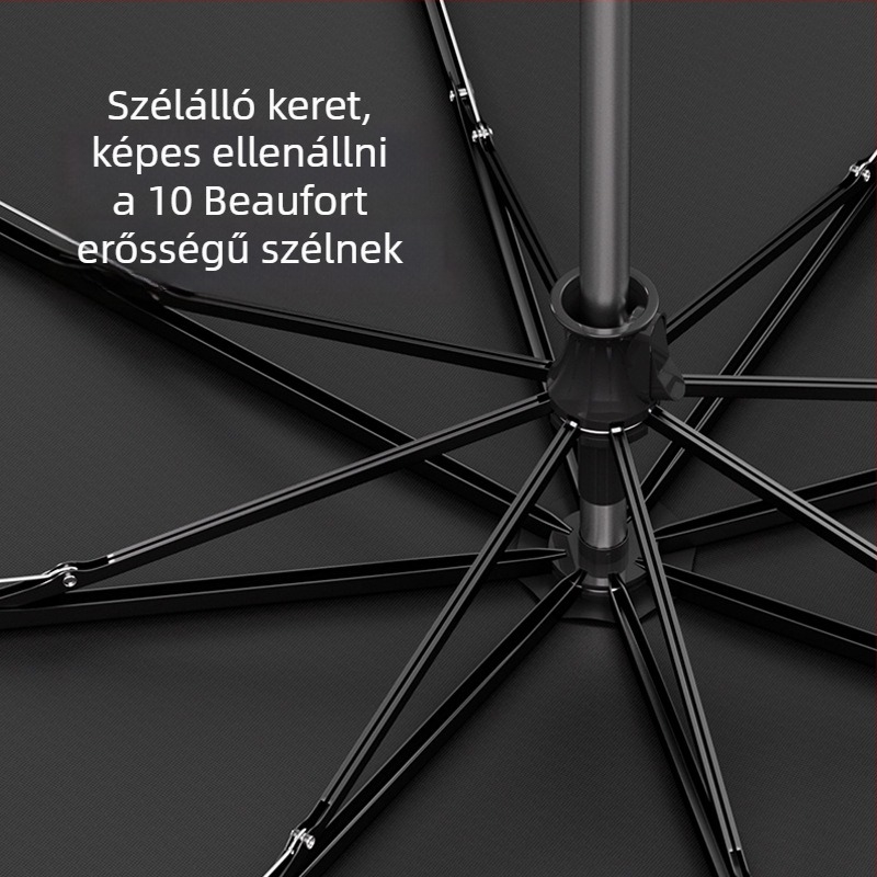 Nyolc bordájú esernyő, kézi nyitású, háromrészes összecsukható dizájn, acélcső és vas bordák, műanyag fogantyú, UPF50+ UV-védelem