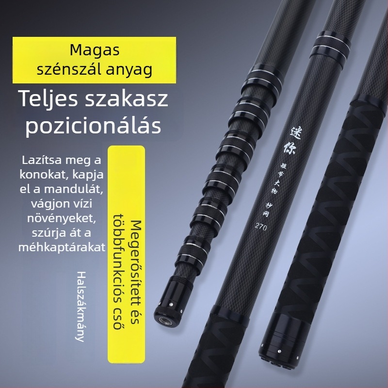 Teleszkópos hálónyél horgászathoz, szénszálas, kinyitható, 4 részre tagolt, háló mélysége 15