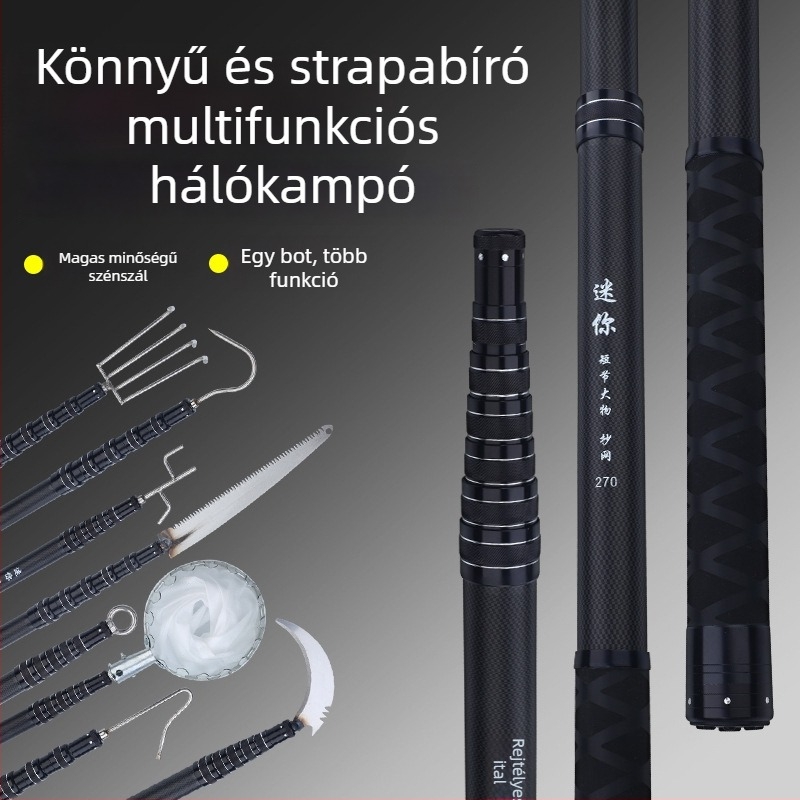 Teleszkópos hálónyél horgászathoz, szénszálas, kinyitható, 4 részre tagolt, háló mélysége 15