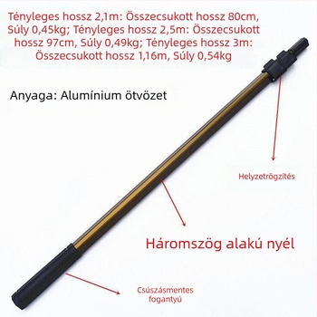 Teleszkópos alumínium‑ötvözetű háromszög alakú merítőnyél zárócsattal, 3–4 m hosszú, horgász kiegészítő