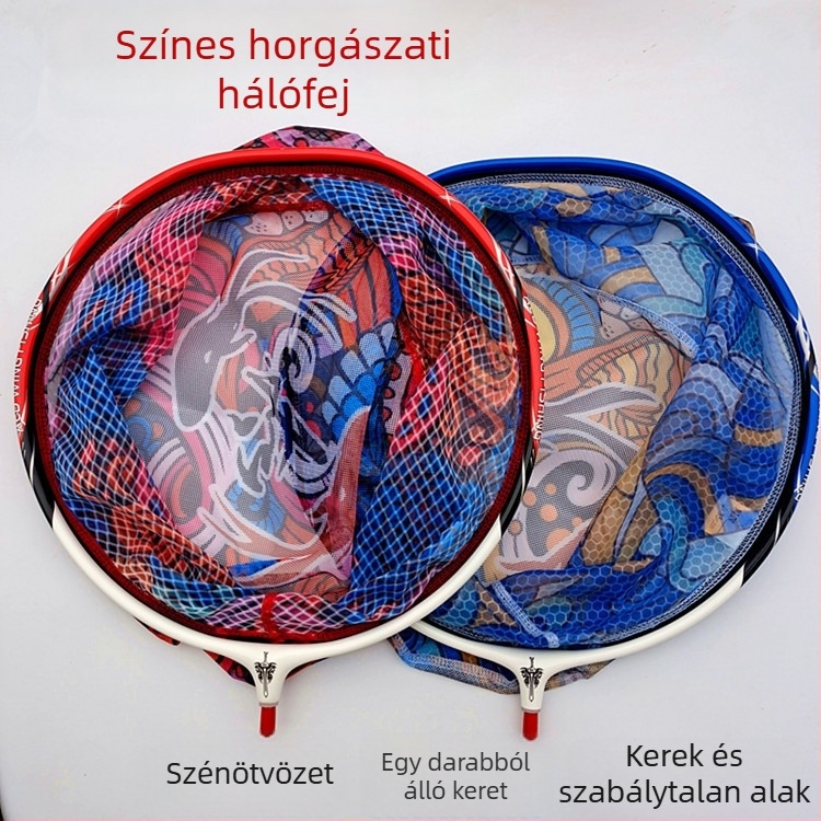 Színes, különleges alakú hálófej, könnyű kemény szén-titán ötvözet, leválasztható háló, vízlepergető hálótáska