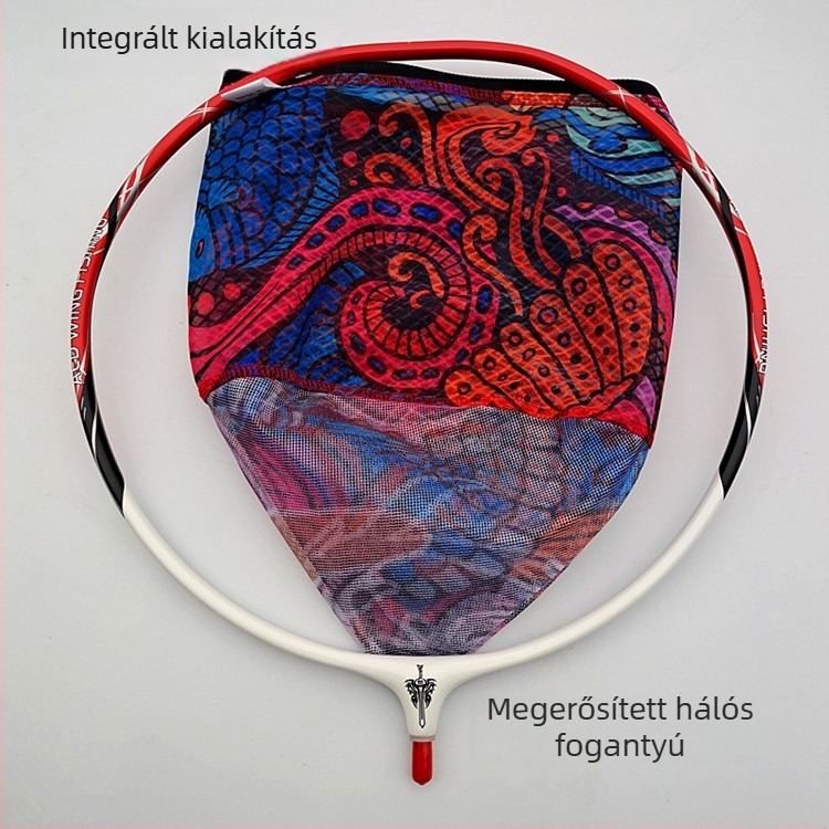 Színes, különleges alakú hálófej, könnyű kemény szén-titán ötvözet, leválasztható háló, vízlepergető hálótáska