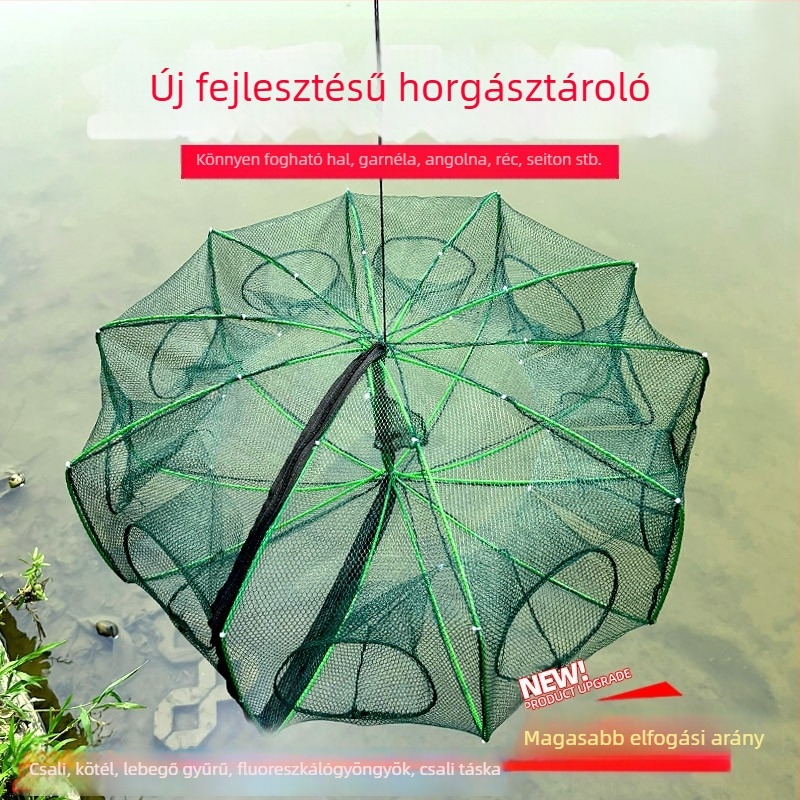 Összecsukható édesvízi horgászketrec—nylon anyag; 13 cm nyílás; 25 cm mélység; finom háló; teherbírás 10 kg