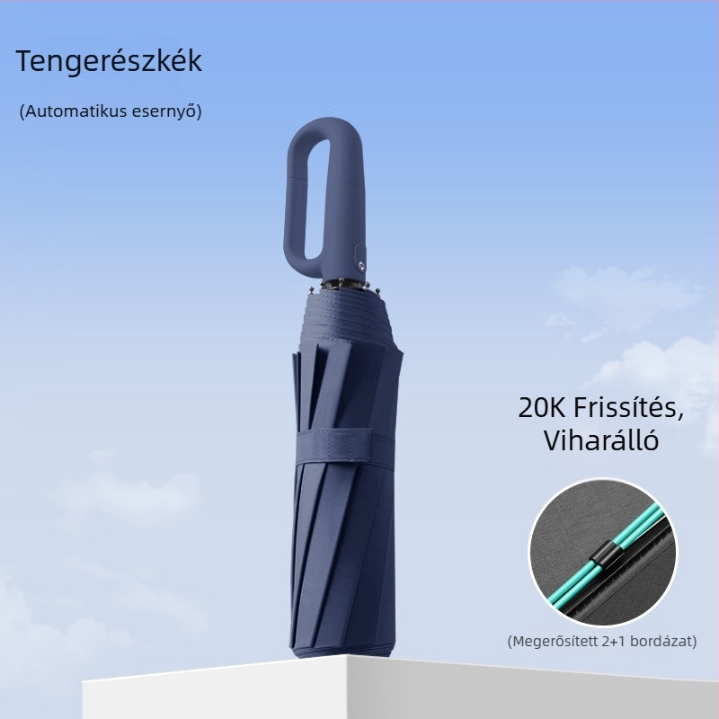 Automatikus nagy gyűrűs fogantyújú esernyő nap- és eső használatra, fekete UV bevonatú napvédő esernyő, összecsukható, megnagyított és vastagított, prémium napvédő esernyő
