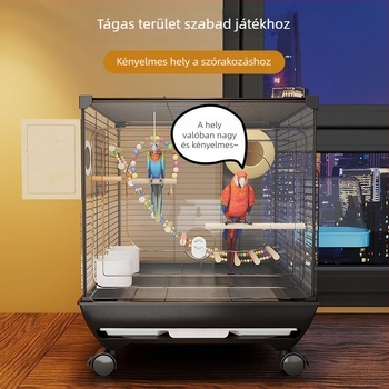 Luxus papagájketrec villa otthoni használatra, két‑szintes akrilból, fröcsönzésálló dizájn, menekülésbiztos kivitelezés, gördítő rendszer, tartozékokkal