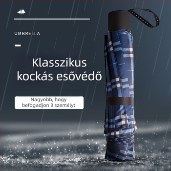 Háromrészes összecsukható esernyő, 10 bordás vasváz, kézi nyitás, poliészter 170T, UPF30+, kockás mintázat