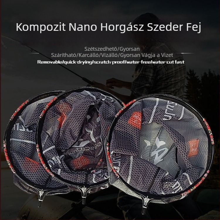 Titánium ötvözetből készült horgász merítőfej, könnyű szén-ötvözet finom hálóval, cipzáras zseb, levehető antisznag háló