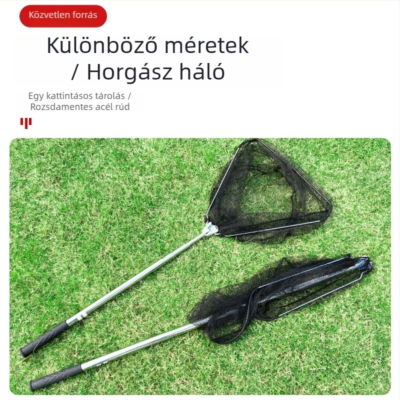 Rozsdamentes acél teleszkópos háló gumírozott fogantyúval, háromszög alakú összecsukható tároló