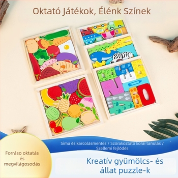 Fából készült 3D puzzle építőelemek – állatok és gyümölcsök, kisgyermekeknek, oktató fejlesztő játék a korai tanuláshoz, DIY kompatibilis