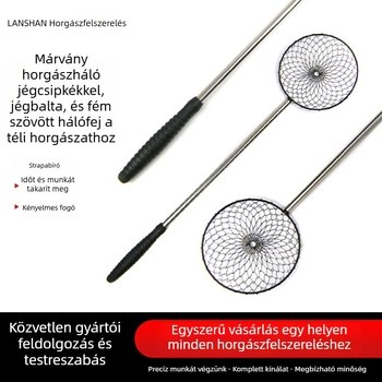Jégfogó horgászati háló rozsdamentes acélból készült hálófejjel, jégcsapokkal és jégkanállal