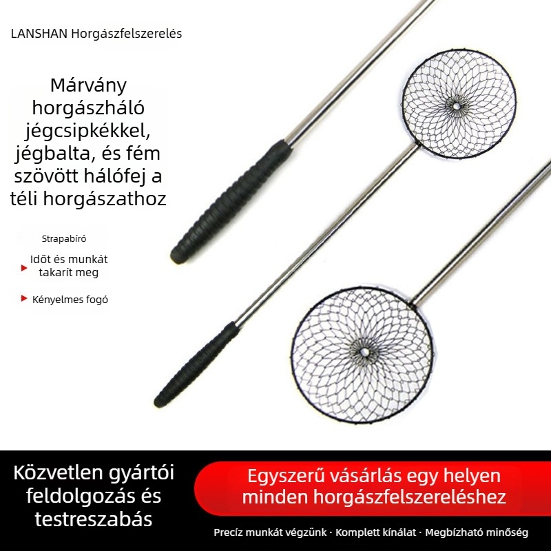 Jégfogó horgászati háló rozsdamentes acélból készült hálófejjel, jégcsapokkal és jégkanállal