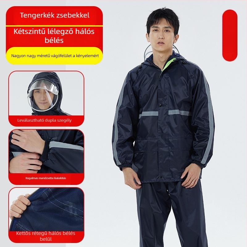 Felnőtt esőkabát és esőnadrág szett vastag vízálló hálós bélésével, Oxford anyagú, kapucnival és nagy karimával