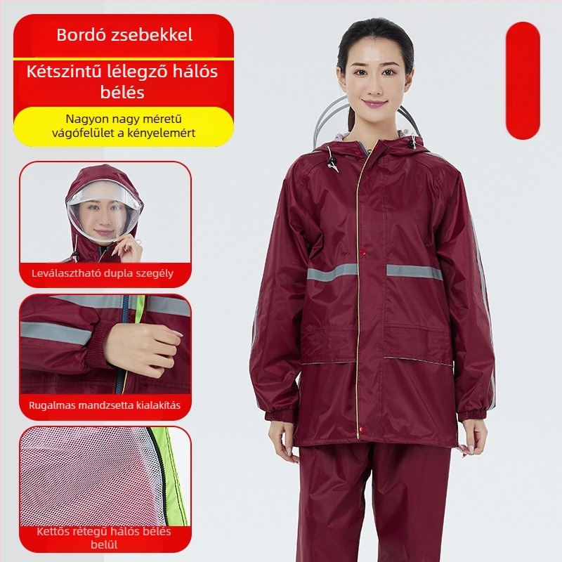Felnőtt esőkabát és esőnadrág szett vastag vízálló hálós bélésével, Oxford anyagú, kapucnival és nagy karimával