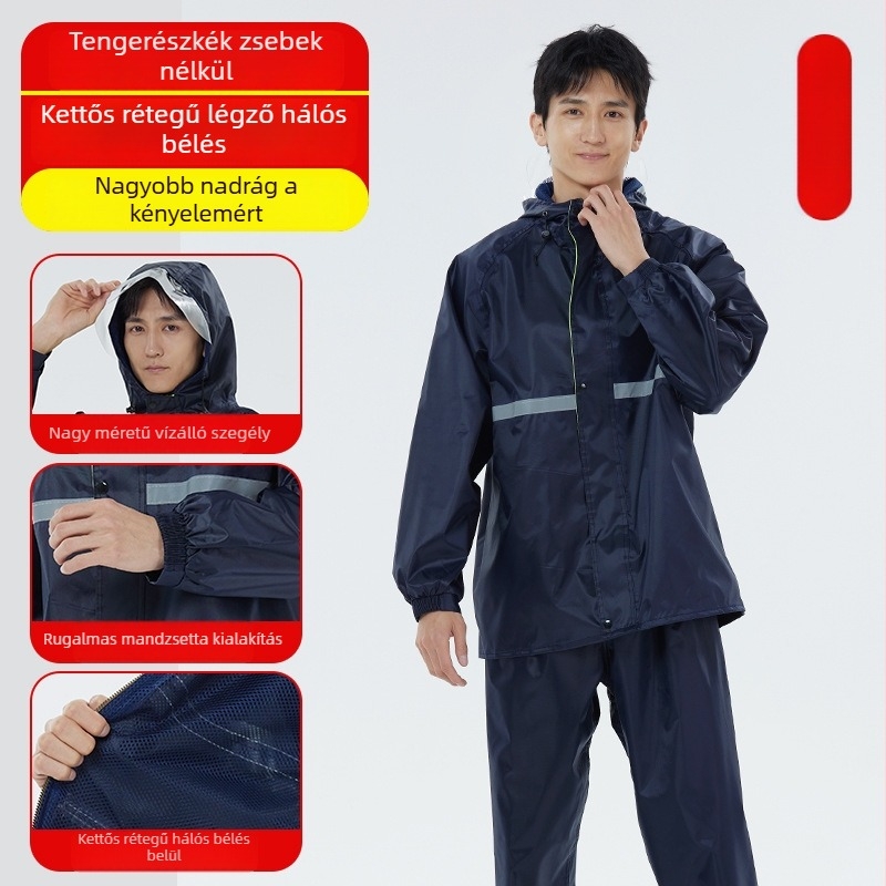 Felnőtt esőkabát és esőnadrág szett vastag vízálló hálós bélésével, Oxford anyagú, kapucnival és nagy karimával