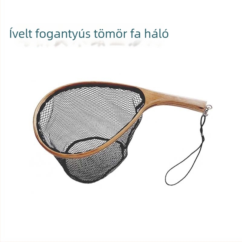 Ívelt nyelű fly fishing háló, elmfa anyagból, SEA PRO, halbarát háló ragasztott zsebbel