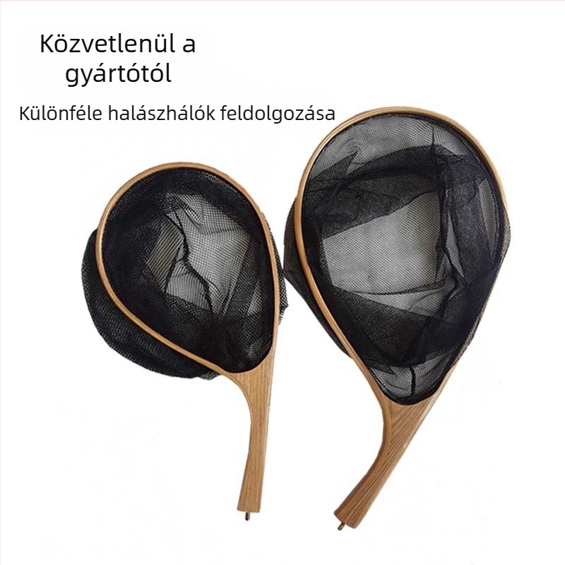 Ívelt nyelű fly fishing háló, elmfa anyagból, SEA PRO, halbarát háló ragasztott zsebbel