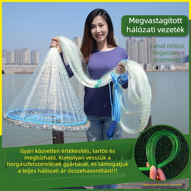 Nagy korong alakú halászháló, kézzel dobható, vastag halas szálú zsinórral és acél konstrukcióval