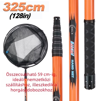 Karbonból készült teleszkópos horgászháló rúd, 45 cm-es nyílás, 40 cm-es hálómélység, finom szemű háló